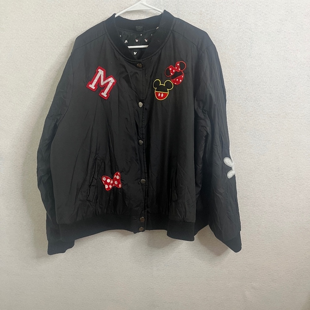 Disney Mickey & Minnie Varsity Bomber Jacket Black Snap Button Patch Coat - Picture 1 of 11
